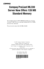 HP ProLiant ML330e ProLiant ML330 Server Now Offers 128 MB Standard Memory