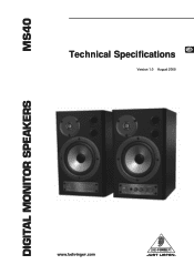 Behringer DIGITAL MONITOR SPEAKERS MS40 Specifications Sheet
