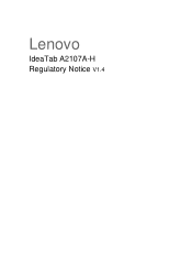 Lenovo A2107 Regulatory Notice - IdeaTab A2107A-H Tablet