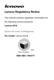 Lenovo A319 Lenovo A319 Regulatory Notice (Philippines)