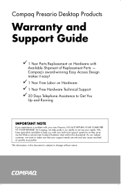 HP Presario S3000 Compaq Presario Desktop Products Warranty and Support Guide