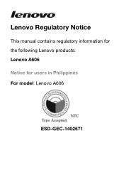 Lenovo A606 Lenovo A606 Regulatory Notice (Philippines)