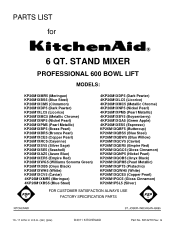 KitchenAid KP26M1XPM Parts List