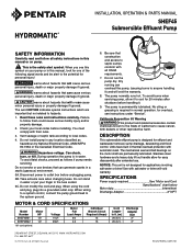 Pentair Pentair Hydromatic SHEF Series Cast Iron Effluent Pumps Hydromatic SHEF45 Submersible Effluent Pump Manual