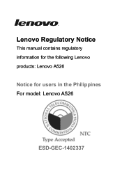 Lenovo A526 Lenovo A526 Regulatory Notice (Philippines)