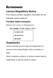 Lenovo Yoga 2-851 Yoga Tablet 2 851F 1051F/L Regulatory Notice (Singapore)