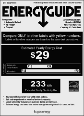 Avanti AR17T0W Energy Guide Label