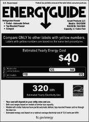 Avanti RA31B3S Energy Guide Label