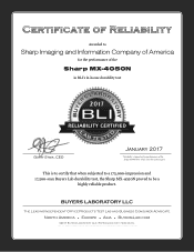 Sharp MX-4050N Reliability Certificate